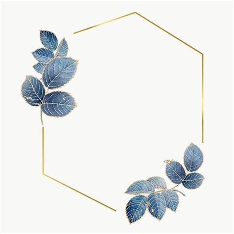 Blue Leaves And Gold Hexagon Frame On White Background
