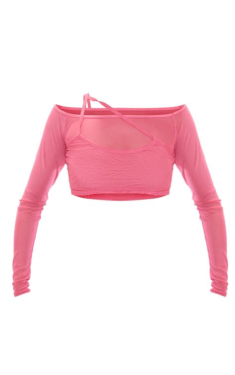 Hot Pink Mesh Long Sleeve Strap Crop Top Prettylittlething