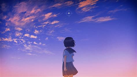 Download 2560x1440 Anime School Girl Sunset Scenic Back View Clouds
