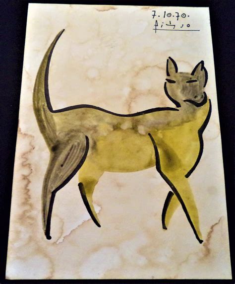 Signed Picasso 71070 Cat Painting On Cardstock