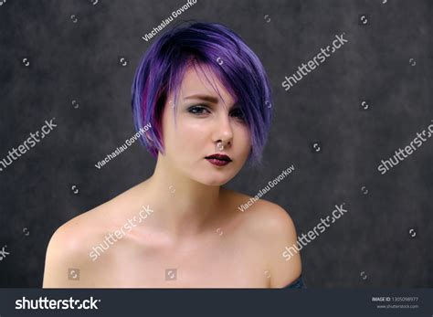 Beautiful Sexy Girl Purple Hair Short Stock Photo 1305098977 Shutterstock