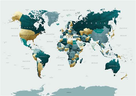 World Map Teal Gold Wallpaper Happywall