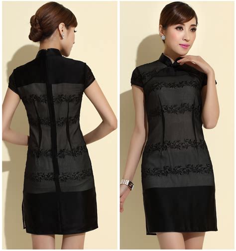 Lovely Modern Black Silk Short Cheongsam Dress Qipao Cheongsam And Dresses Women