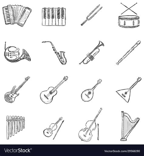 Set Sketch Musical Instruments Icons Royalty Free Vector
