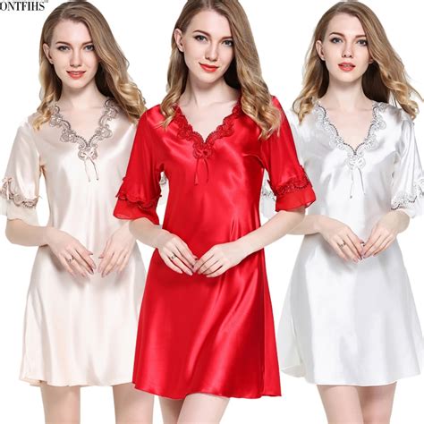 Summer Silk Satin Short Sleeve Nightgowns And Sleepshirts For Ladies V