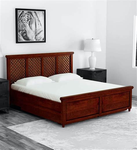 Buy Krisa Sheesham Wood King Size Bed With Drawer Storage In Honey Oak