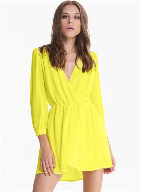 Neon Yellow Long Sleeve V Neck Wrap Fornt Dress Mini