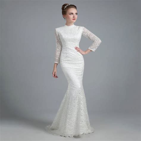 White Vintage Lace High Neck Long Sleeves Mermaid Wedding Dress