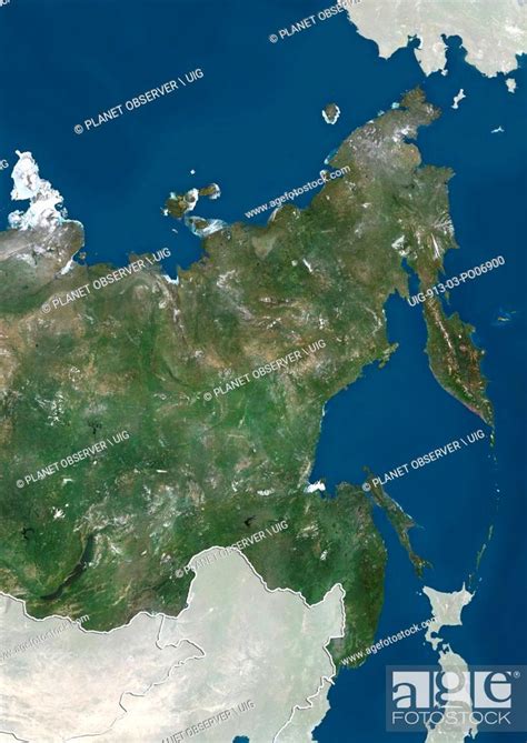 Satellite View Of Russia Far Eastern With Country Boundaries And Mask Stock Photo Picture