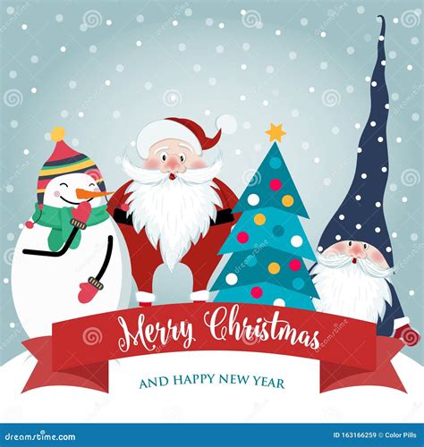 Christmas Card With Cute Santa Gnome And Snowman Flat Design Vector