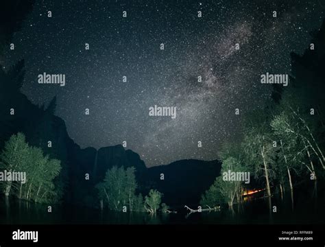 Long Exposure Image Of The Milky Way Over Yosemite Falls Stock Photo