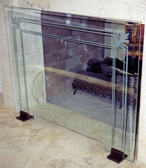Glass Fireplace Screen Etched Glass Filigree And Pinstriped Fireplace Screen Design