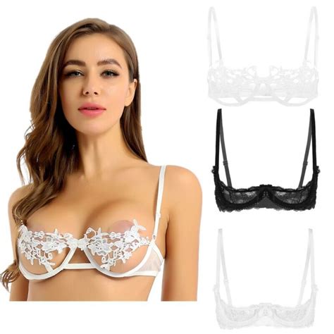 Womens Sheer Lace Exposed Nipples Support Shelf Bra Underwire Unlined