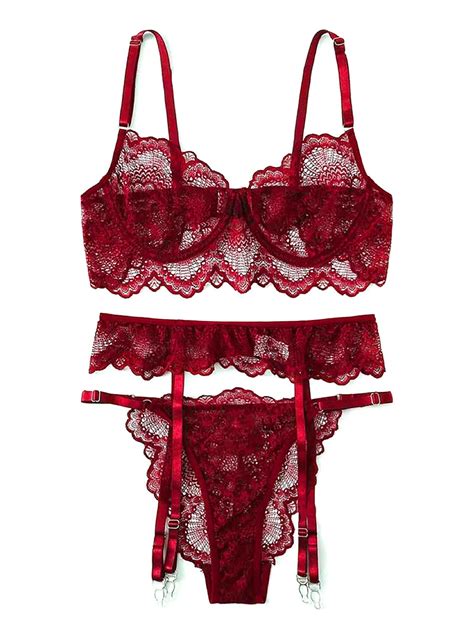 Justvh Womens Floral Lace Backless Three Piece Lingerie Set With Garter Belts Sexy Bra Panty