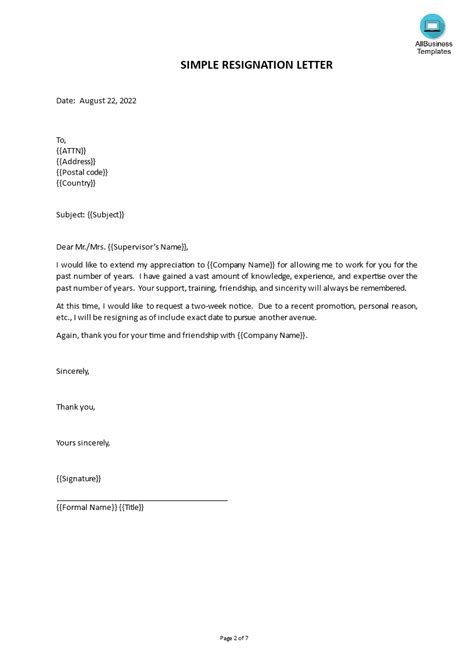 Kostenloses Simple Resignation Letter For Personal Reason Word