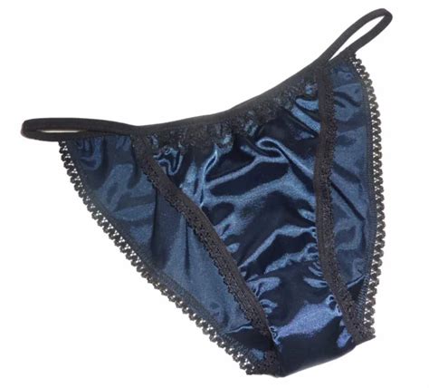 navy blue shiny satin panties mini tanga string bikini black lace made in france £13 16