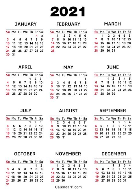 Want to change the logo on the calendars? 2021 Calendar, Printable Free, White - Sunday Start ...