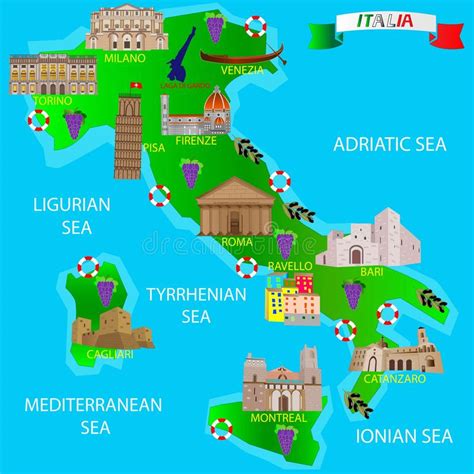 Mappa Dellitalia Con I Monumenti Illustrazione Di Stock