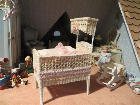 Dollhouse Miniature Artisan Signed Dressed Wicker Baby Crib With Pink