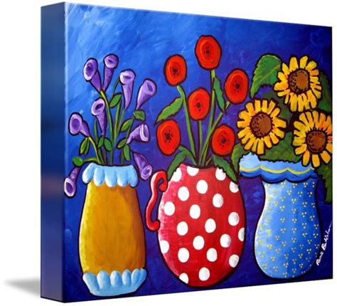 Three Vases Of Whimsical Flowers By Renie Britenbucher