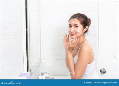 Young Beauty Woman Washing Her Face In Bathroom Stock Image Image Of