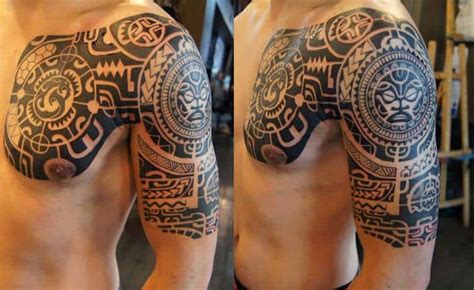 Maybe you would like to learn more about one of these? Chest to half sleeve Polynesian Tribal tattoo - Chronic Ink