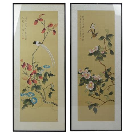 Vintage Framed Japanese Handmade Paintings On Silk With Birds And