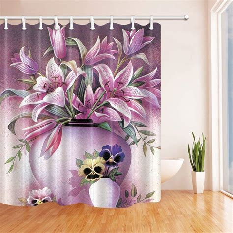 Artjia Watercolor Flowers Pink Lily In A Vase Polyester Fabric Bath