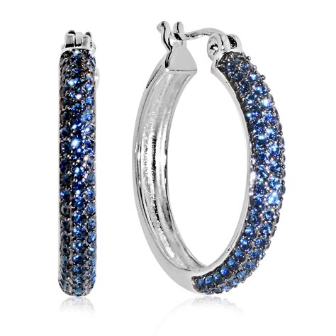 Platinum Over Bronze Pave Blue Crystal Hoop Earring - Jewelry - Earrings
