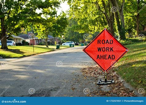 Road Work Ahead Construction Sign In A Residential Neighborhood Stock