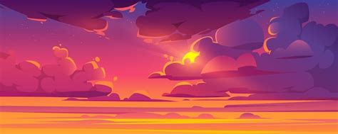 Free Vector Sunset Sky With Sun Peek Out Of Fluffy Clouds