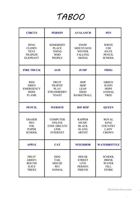 Maybe you would like to learn more about one of these? Game Cards: Esl Taboo Game Cards Printable