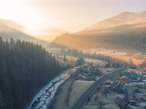 Mountain Village In The Morning Aerial Shot Of Majestic Sunrise In A