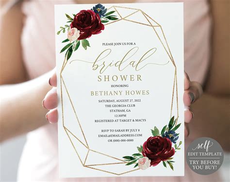 Bridal Shower Invitation Template Demo Available Burgundy Etsy