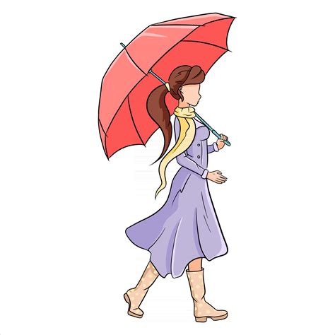 Young Girl With An Umbrella For A Walk Autumn Rain Cartoon Style