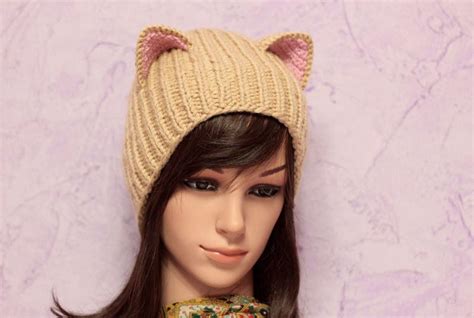 Crochet Cat Ears Hat Cat Ears Beanie Beige Cat Beanie Chunky Cat Hat