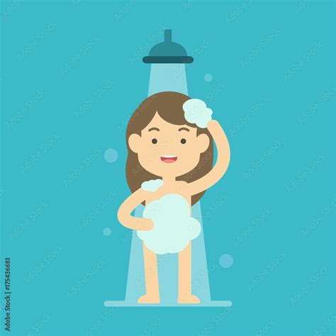 happy girl taking shower in bathroom concept flat vector illustration stock vector adobe stock