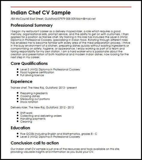 Indian Chef Cv Examples Templates And Samples Myperfectcv