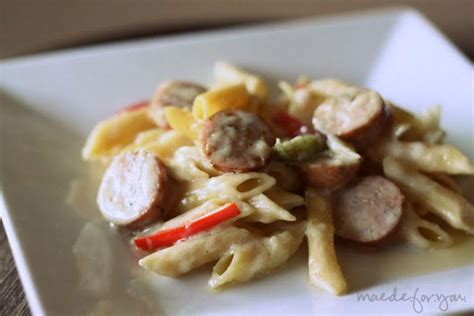 An easy recipe to prepare chicken with applesauce and brussels sprouts: Chicken Apple & Gouda Sausage with Alfredo Pasta | Chicken ...