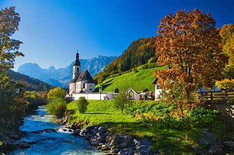 Autumn Trees Mountains River Germany Bayern Church Bavaria