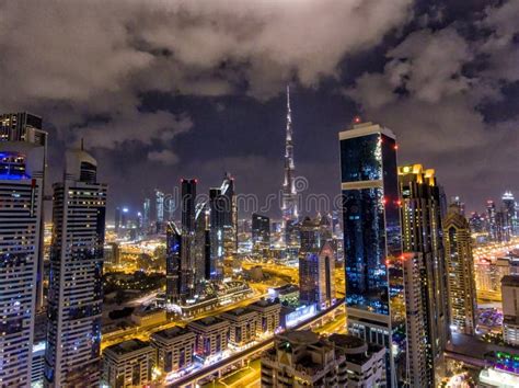 Night Aerial View Of Dubai Downtown Skyscrapers United Arab Emirates