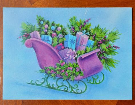 Vintage Unused Christmas Card Glitter Purple Sleigh Tree Pink Ts Mid