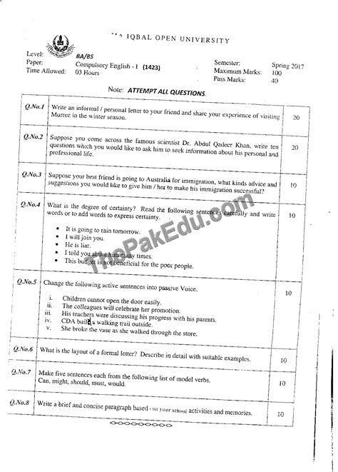 Compulsory English I Code No 1423 Spring 2017 Aiou Old Papers