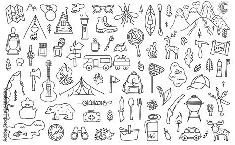 Set Of Outline Camping Theme Elements Symbols Of Tourism And Outdoor