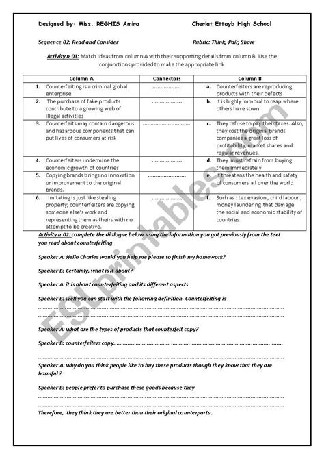 During the think stage, the teacher tells students. Think, pair, share ( counterfeiting) - ESL worksheet by ...