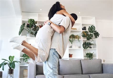 Young Couple Hug And Jump In New House Real Estate And Apartment Lounge With Love Happy