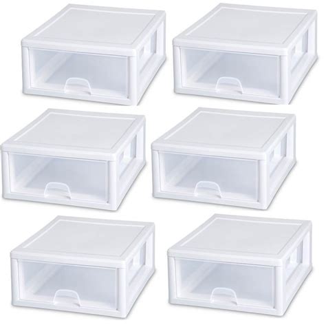 Industrial stackable clear plastic storage with transparent modular drawer small parts box. Sterilite 16 Quart Clear Plastic Stacking Storage Drawer ...