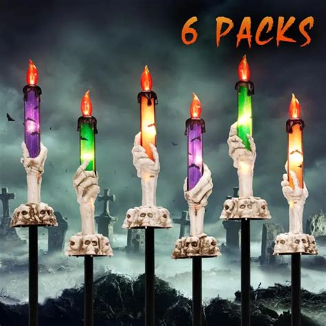 Halloween Decorations 6 Pack Skeleton Hands Hold Lighted Candle Stakes
