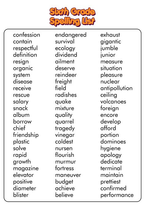 6th Grade Vocabulary Word Lists