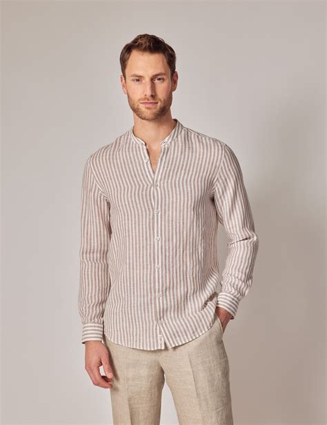 Men S Brown White Stripe Collarless Linen Shirt